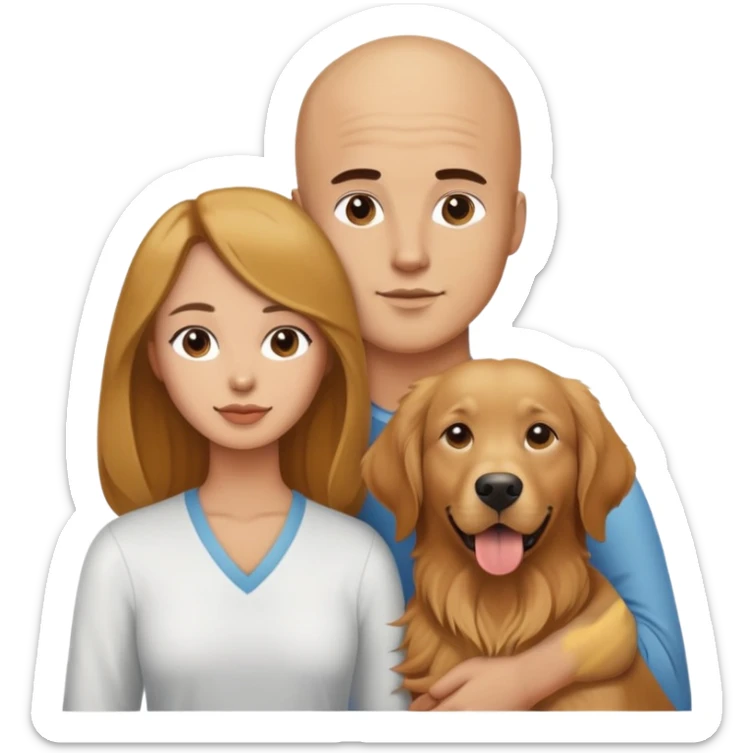 Young Bald man and long brown hair woman with golden retriever  sticker
