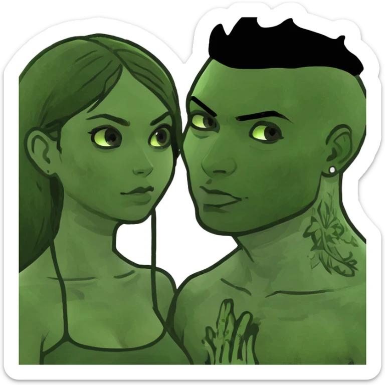 girl with black hair on top of with guy with tattoos and dark brown hair white skin sticker