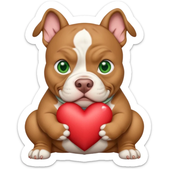 Tan and white American xl bully with green eyes and stocky head cropped ears Holding a heart sticker