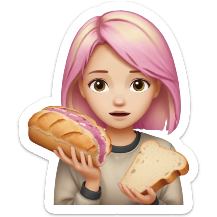 Maddie with pink blonde ombré hair drooling over sourdough bread loaf sticker