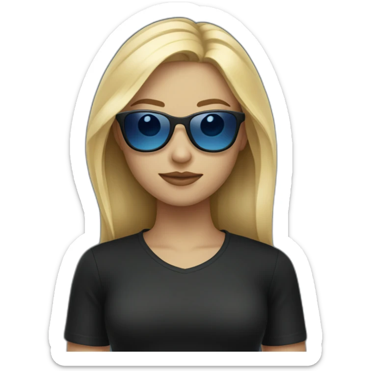 blonde girl with blue sunglasses and a black shirt with a smug facial expression sticker