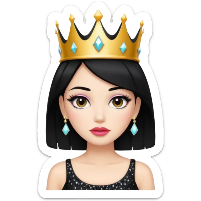 Chica con pelo negro y labios gruesos maquillada hermosa con una corona de brillos y un top negro moderno  sticker