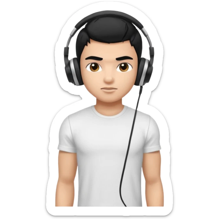 a pretty bratz fair indian boy with black hair. lean but muscled, wearing a white tshirt. headphones on sticker