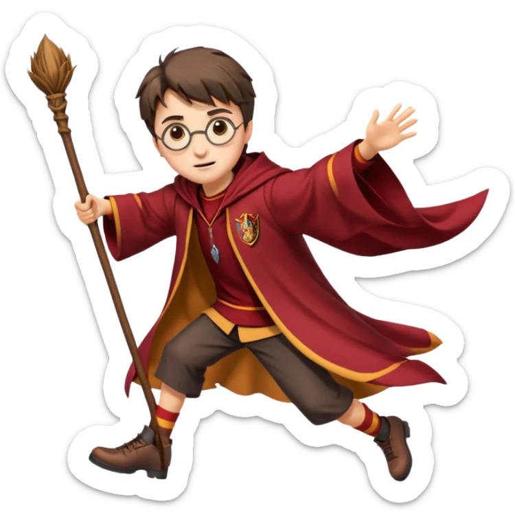 Cartoon-style illustration of Harry Potter flying on a broomstick, Gryffindor red and gold outfit, expressive face, dynamic motion, magical vibe, smooth shading, vibrant colors, no background, transparent background, isolated character. sticker