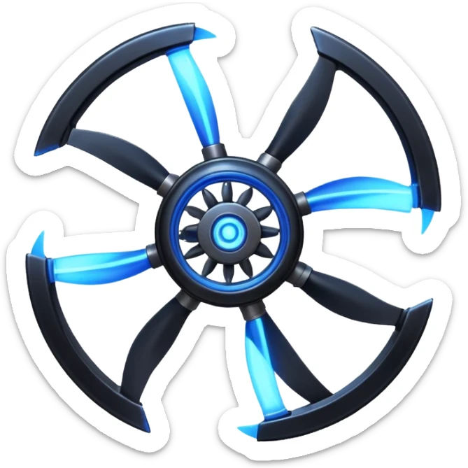 A Discord emoji of a black iron mechanical propeller or anchor with glowing blue energy lines. Steampunk-gothic fusion, high visibility, white background. sticker