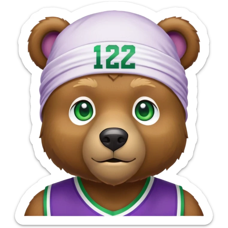 Stylish brown bear with green eyes wearing a white durag and purple and gold basketball jersey visible only to the shoulders, iOS emoji style sticker