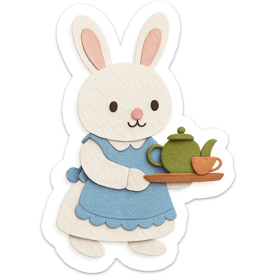 highly detailed, high quality paper craft style illustration of a white bunny in an apron holding a tea tray, intricate textures, soft lighting, delicate cut-paper details sticker