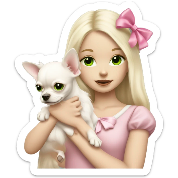 pale blond girl with long platinum hair with green eyes holding a white chihuahua puppy that wearing a pink bow sticker