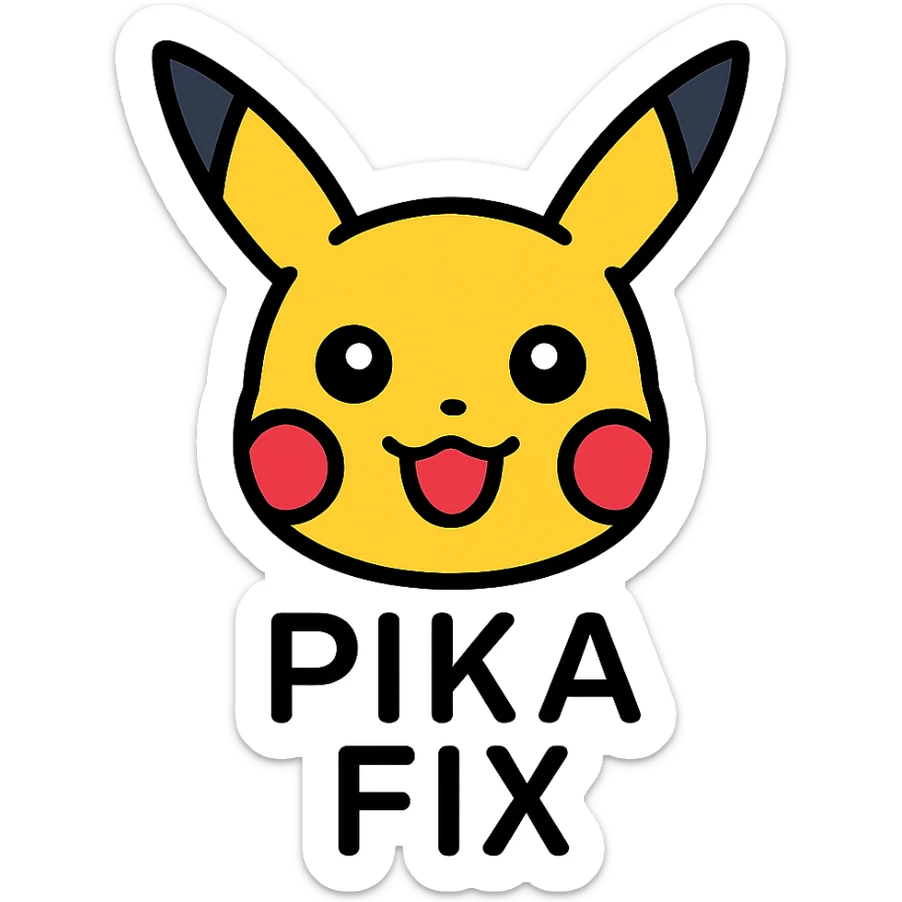 icon of Pikachu's head with the text 'PIKA' in uppercase below and 'FIX' in uppercase below that, clear and cute style sticker