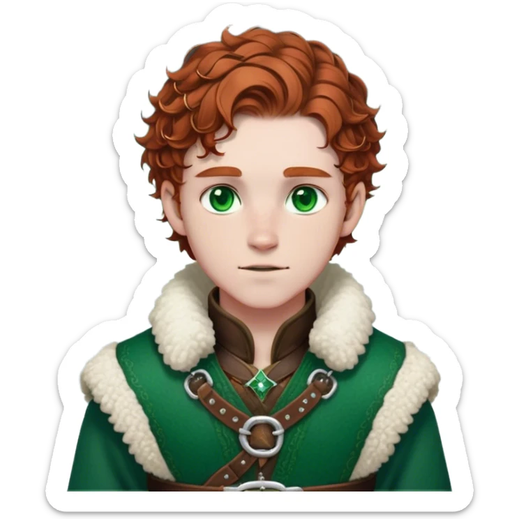 Medieval winter outfit worn by a DnD themed fantasy male character. Rich brown leather-trimmed wool tunic with sheepskin lining, featuring intricate metal buckles at the collar, paired with a heavy braided belt. Clothes only above the waist, full waist coverage. The character has no arms. Character is white-skinned with auburn hair, emerald green eyes, and short curly hair beneath a light dusting of snow. sticker