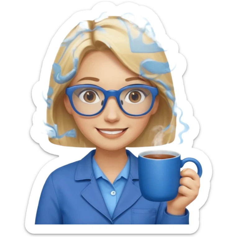 Blonde haired women with blue glasses and a brown worksuit on holding a blue mug of tea and smiling.  sticker