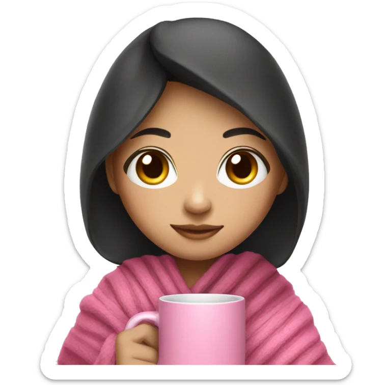 Asian girl with dark hair wearing a blanket and holding a pink mug sticker