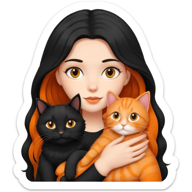 A black long haired girl holding a black cat and an orange long haired cat sticker