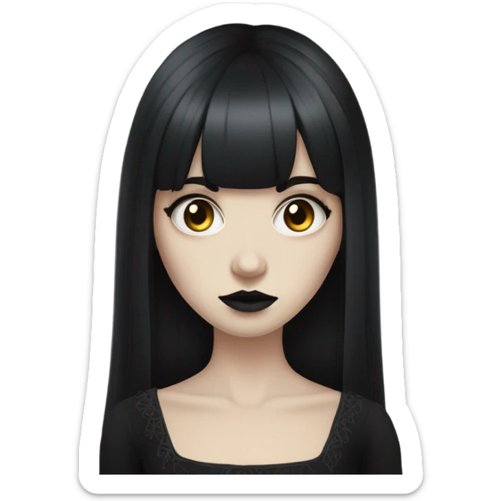 portrait one single goth women with pure white skin, dark hair, long hair, short bangs, dark makeup, gothic detailed dress bell arms  sticker