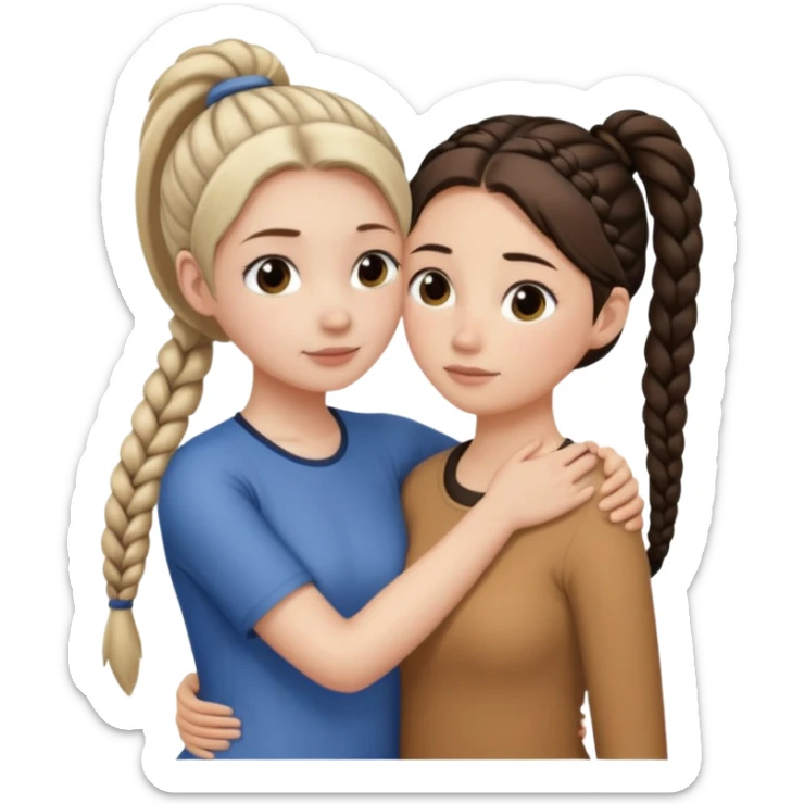 Comforting Hug two white skin women, one shorter woman with medium brown simple top ponytail, not braided, and one taller woman with a single long black side braid sticker