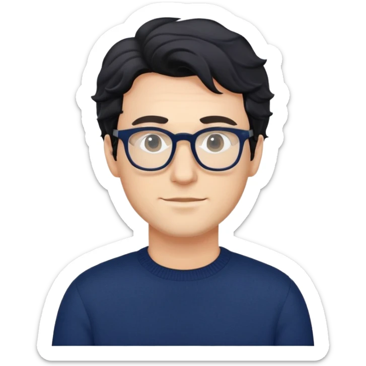 Caucasian man with black wavy hair wearing glasses and a long sleeve navy blue sweater sticker