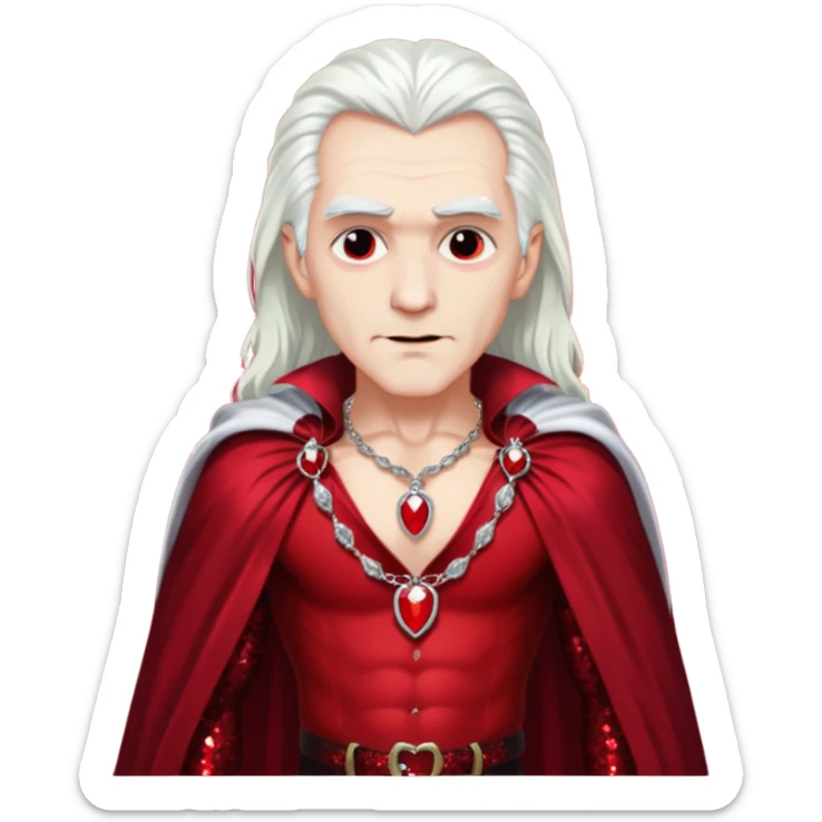 Dracula with long white hair, dark red sequin baggy pants, shirtless with necklace, dark red sequin cape sticker