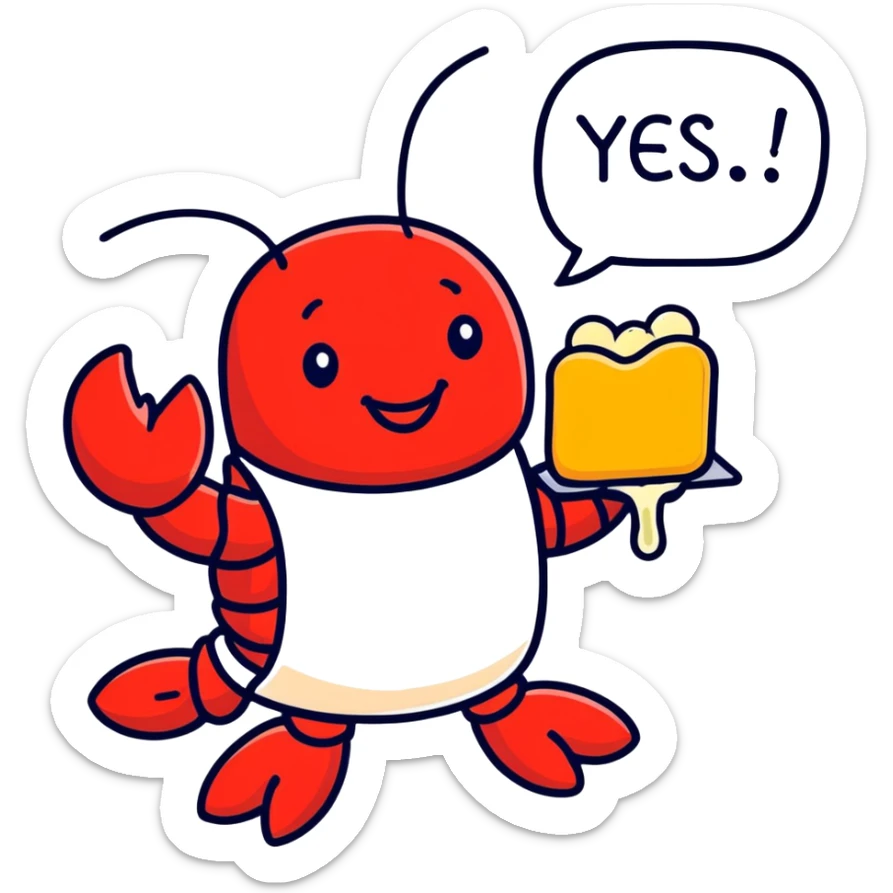 A smiling red lobster with a food bib, holding a Twinkie that has cream coming out of it with the Twinkies bubble word caption saying yes, squeeze me sticker
