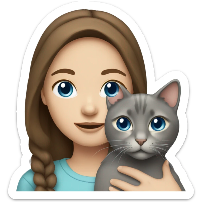Girl with brown hair and blue eyes holding gray cat sticker