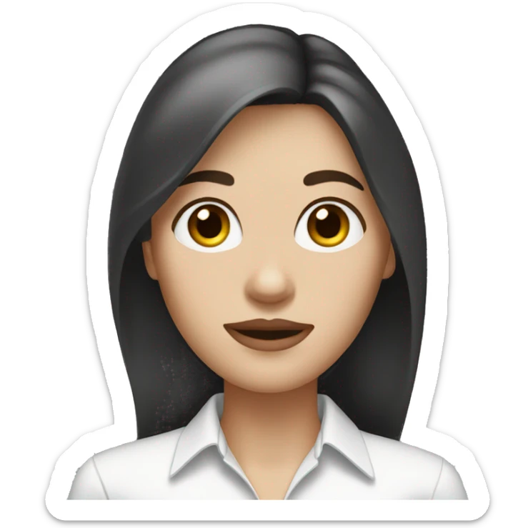A woman with long brown hair, a white dress shirt and black pants, a thin face, thin mouth, big eyes and white skin. sticker