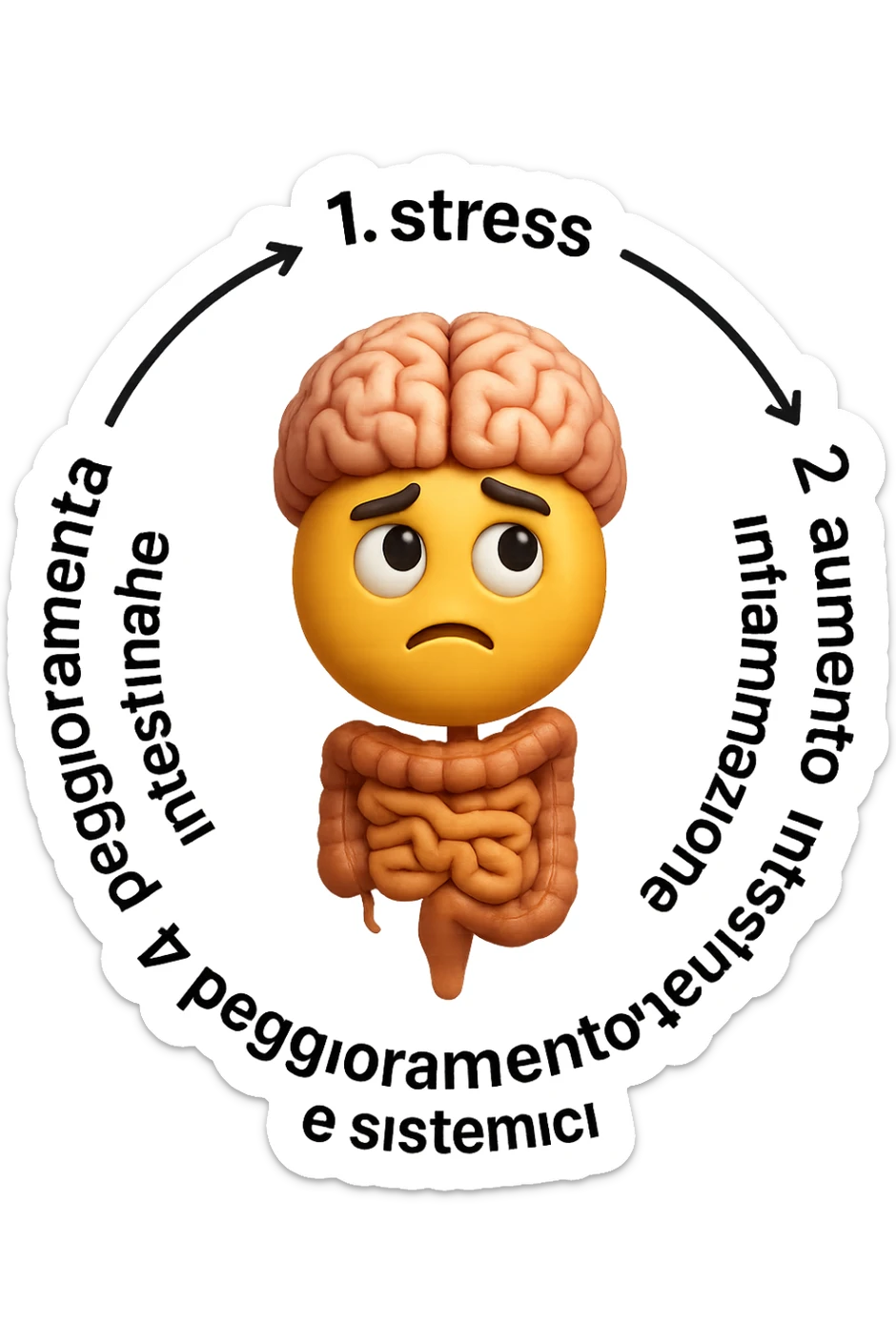 EMOJI STILE IPHONE 3D DI un cerchio con queste scritte che girano intorno in ordine per come li ho scritti "1. stress → 2. peggioramento intestinale → 3. aumento infiammazione → 4. peggioramento sintomi intestinali e sistemici." al centro del cerchio metti un cervello e intestino umani collegati verticalmente con espressione dubbiosa in volto, FALLO MOLTO REALISTICO IN 3D sticker