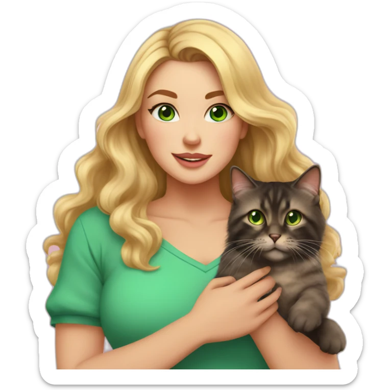woman with green eyes and long wavy blonde hair and big boobs in a pink shirt is holding a very fluffy and fat black and tortoiseshell cat sticker