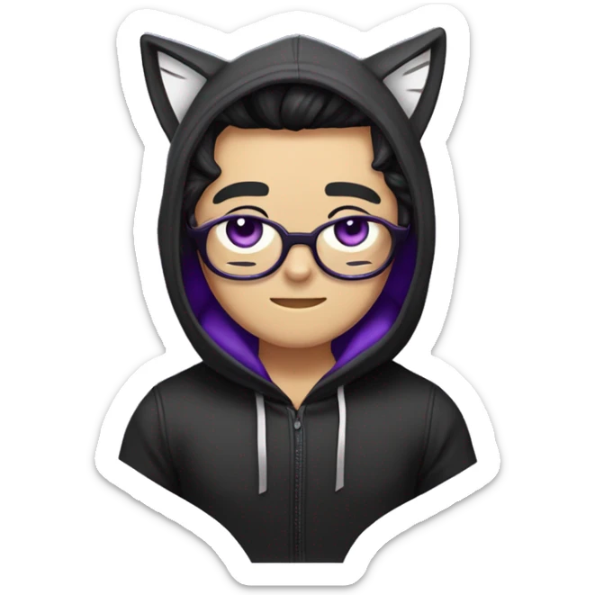 Male human upper body with cat whiskers and black/white hair divided in the middle, dressed in a black hoodie with cat ears and Lilia ear muffs and purple ribbons, eye color also purple. sticker