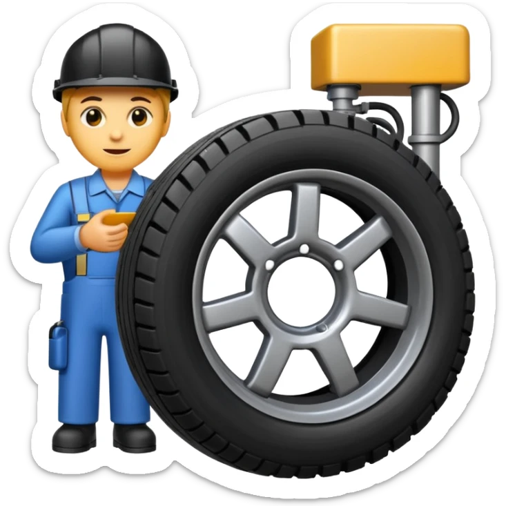 please draw me a emoji of tire - inside the manufacturing factory - getting inspected by machine sticker