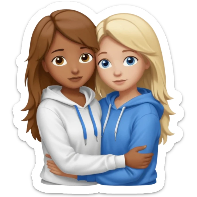 two Girls, Brown and Blonde hair, with Blue Eyes hugging one has Brown hair cute Hug another Version  Both Blue eyes and white hoddies Brown haired blonde on sticker