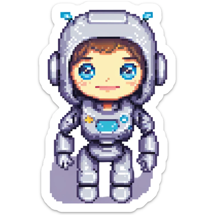 shoulders-up portrait of a cute female recruiter robot in 8-bit pixel art style, big eyes, smiling, one hand raised as if talking, soft pastel colors, less cybernetic sticker