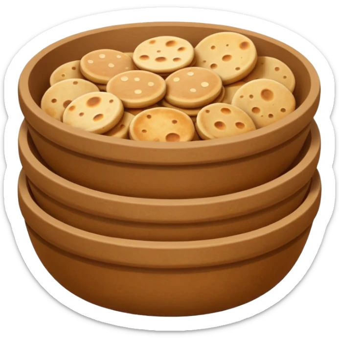 A flat, emoji-style illustration of a warm brown bowl filled with stacked round rotis (Indian flatbreads), slightly toasted with light brown spots. Soft rounded shapes, minimal details, subtle highlights, no outlines, centered composition, transparent background, modern app emoji style. sticker