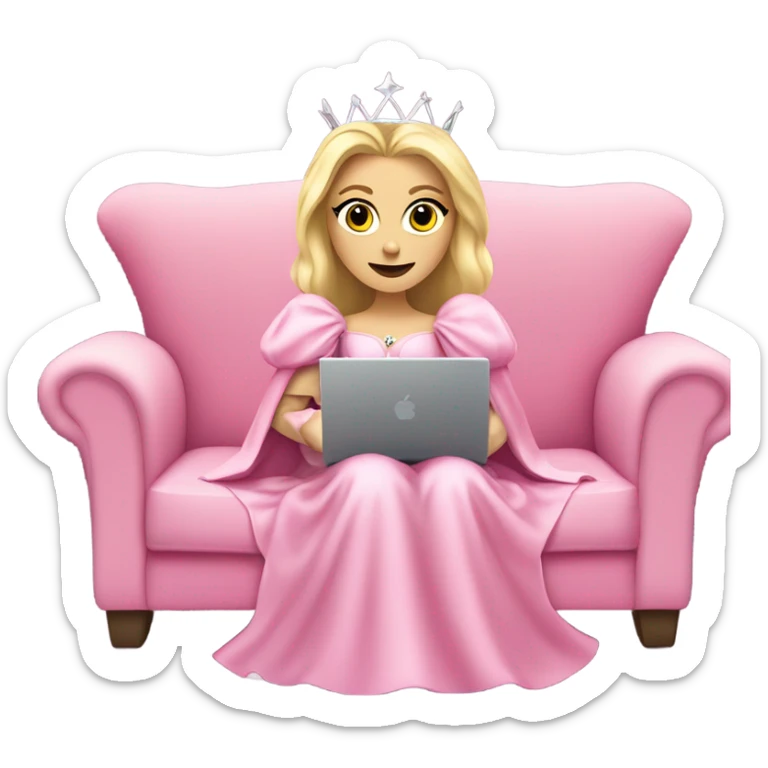 White and blonde Glinda from wicked. in her pink dress with scepter has fever coverd by a blanket on the couch with laptop on her legs sticker