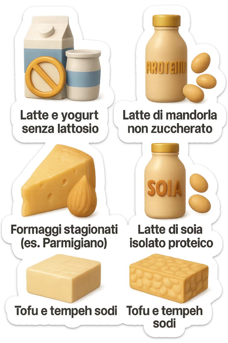 emoji stile iphone 3d di questi elementi che fluttuano in aria:

Latte e yogurt delattosati
Latte di mandorla (non zuccherato)
Latte di soia da proteine isolate
Formaggi stagionati (es. parmigiano)
Tofu compatto e tempeh
 che fluttuano in aria,  le etichette scrivile in italiano, iperealistico 4k sticker