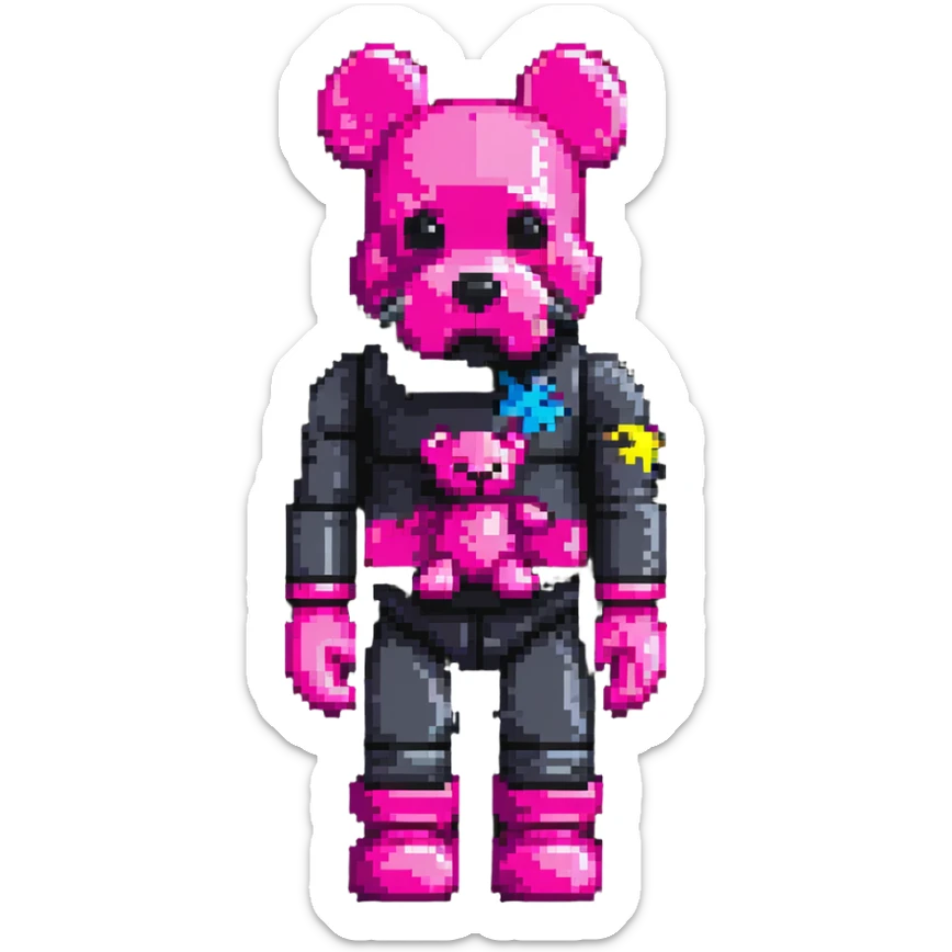 Pixel art KAWS Bearbrick figure with X eyes wearing a hot pink balaclava, blocky bear shape sticker