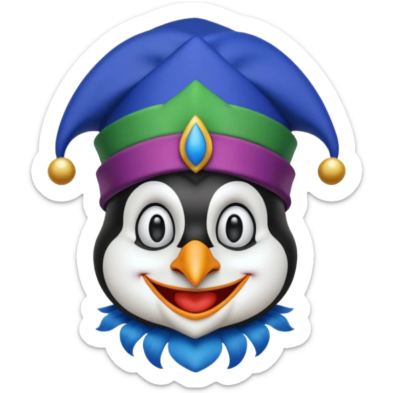 crazy funny colorful penguin jolly joker, medieval, vintage, court jester, mac os icon, blue color sticker