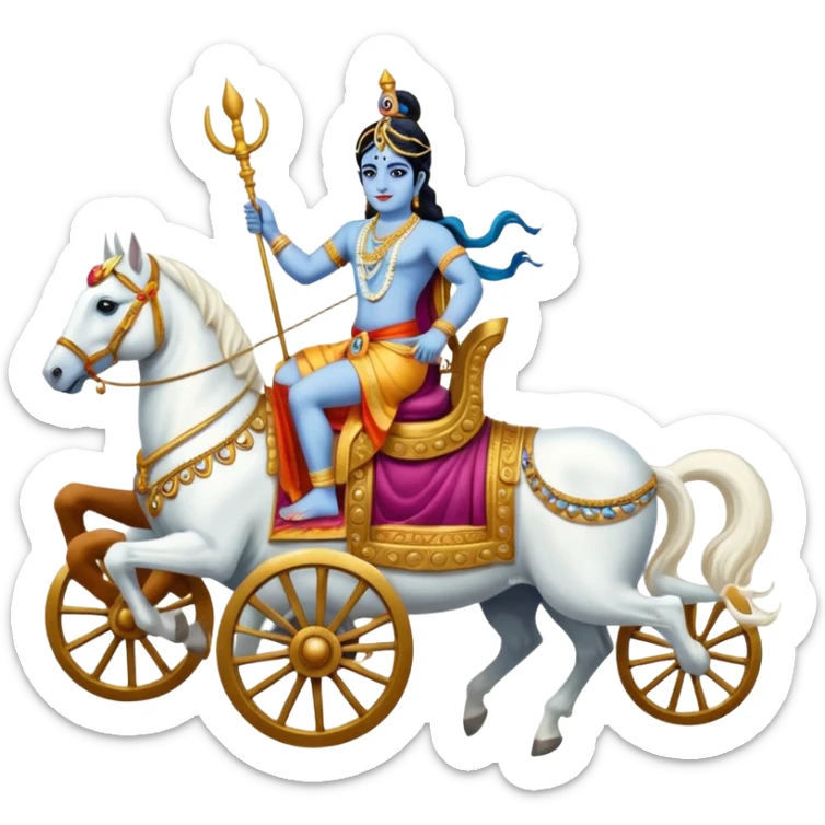 Lord Krishna driving a chariot ,seven white horses in front of the Chariot and Arjun riding the Chariot. sticker