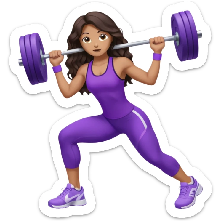 mujer de tez trigueña, con cabello castaño oscuro ondulado hasta la cadera estilizado, con ropa deportiva morada/lila, tenis blancos deportivos y levantando una pesa sticker