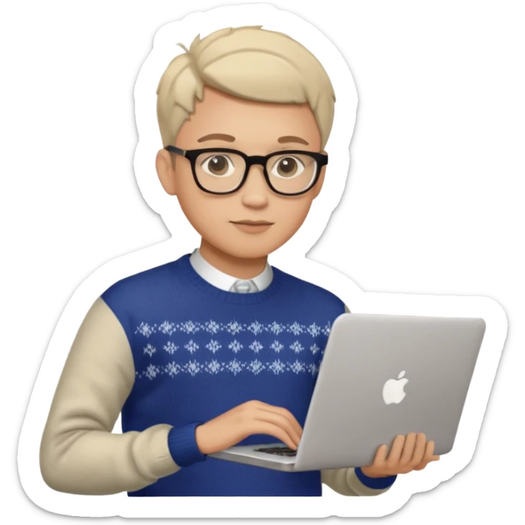 male memoji, attractive man with glasses, stylish haircut, elegant sweater, holding a laptop, charming intelligent look sticker