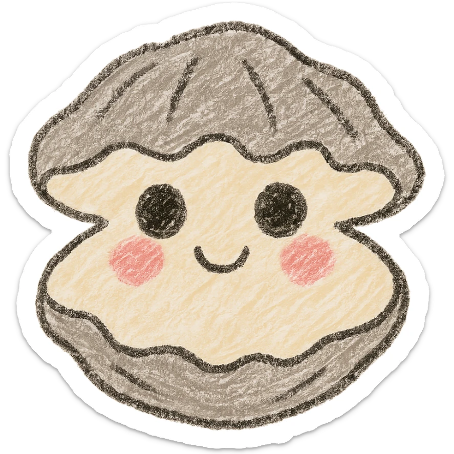 cute oyster, cream color, pink cheeks, doe eyes, greige shell, children doodle style sticker