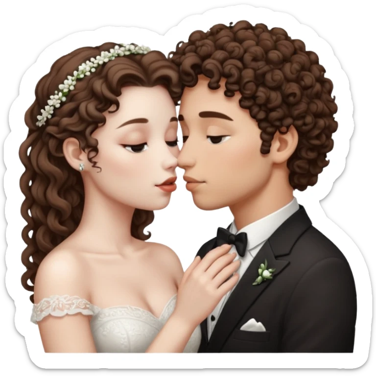 A couple kissing, the man would be white-skinned, mid fade-curly, brown-hair. The serious woman with white skin, brown color sticker