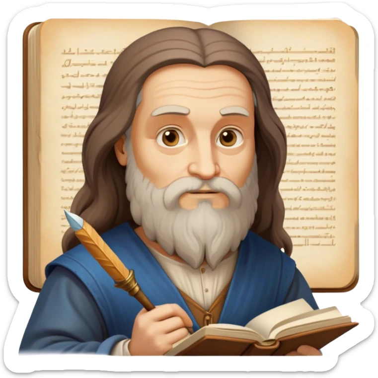 Cinematic Realistic Leonardo da Vinci Portrait Emoji, depicted as the quintessential Renaissance polymath with deep, thoughtful eyes, a flowing beard, and a quill or sketchbook in hand. The scene is illuminated with warm, classical lighting, evoking the atmosphere of a master artist’s workshop, surrounded by early sketches of inventions and masterpieces like the Mona Lisa. sticker