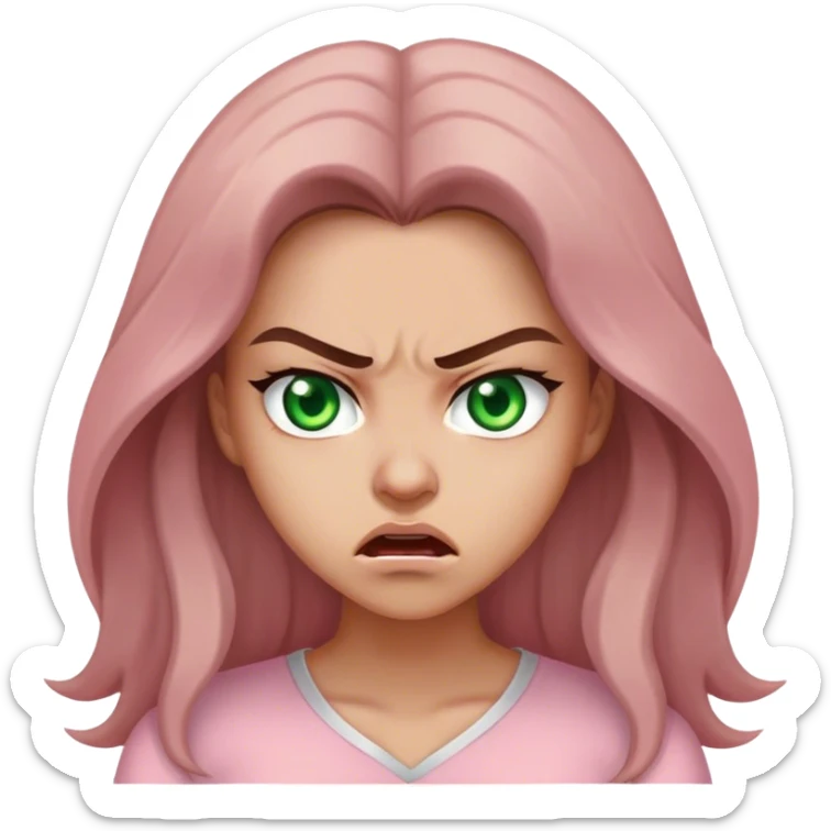 pretty woman with very long brown hair and green eyes and light pink outfit angry sticker