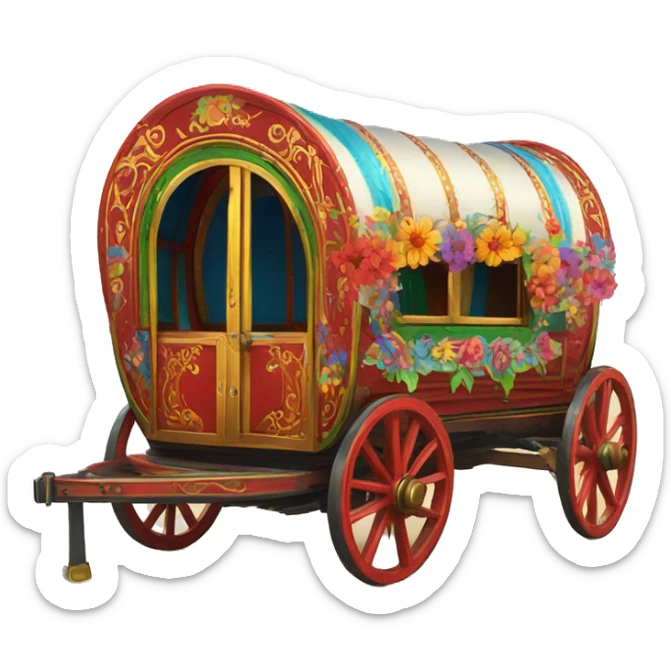 Traditional gypsy wagon with red, gold green, blue. Flowers and gypsy art painted on the sides colorful sticker