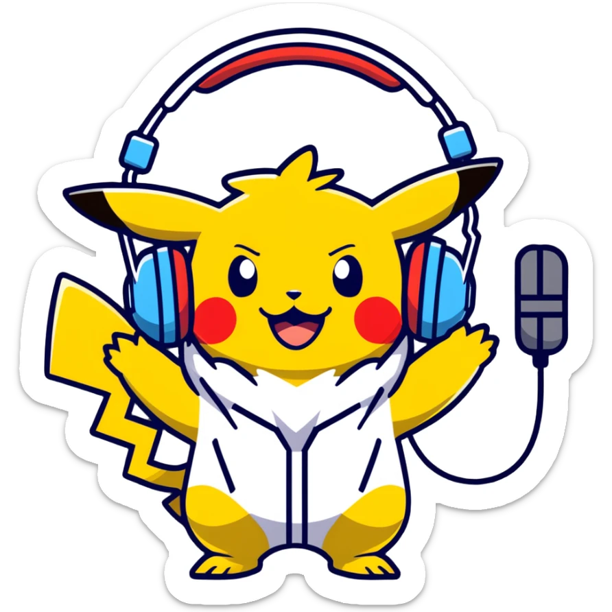 Hot handsomeb muscular 6ft tall smiling happy clean shaven Ash Ketchum being a  dj and his music rocks while kissing pikachu in his ball sticker
