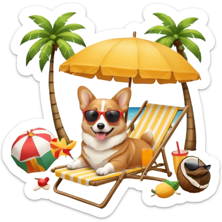 a corgi dog laied on a beach chair, a sunny beach, a sun umbrella, and beach coconut trees. the icon should capture the essence of a relaxing beach vacation with a carefree atmosphere sticker