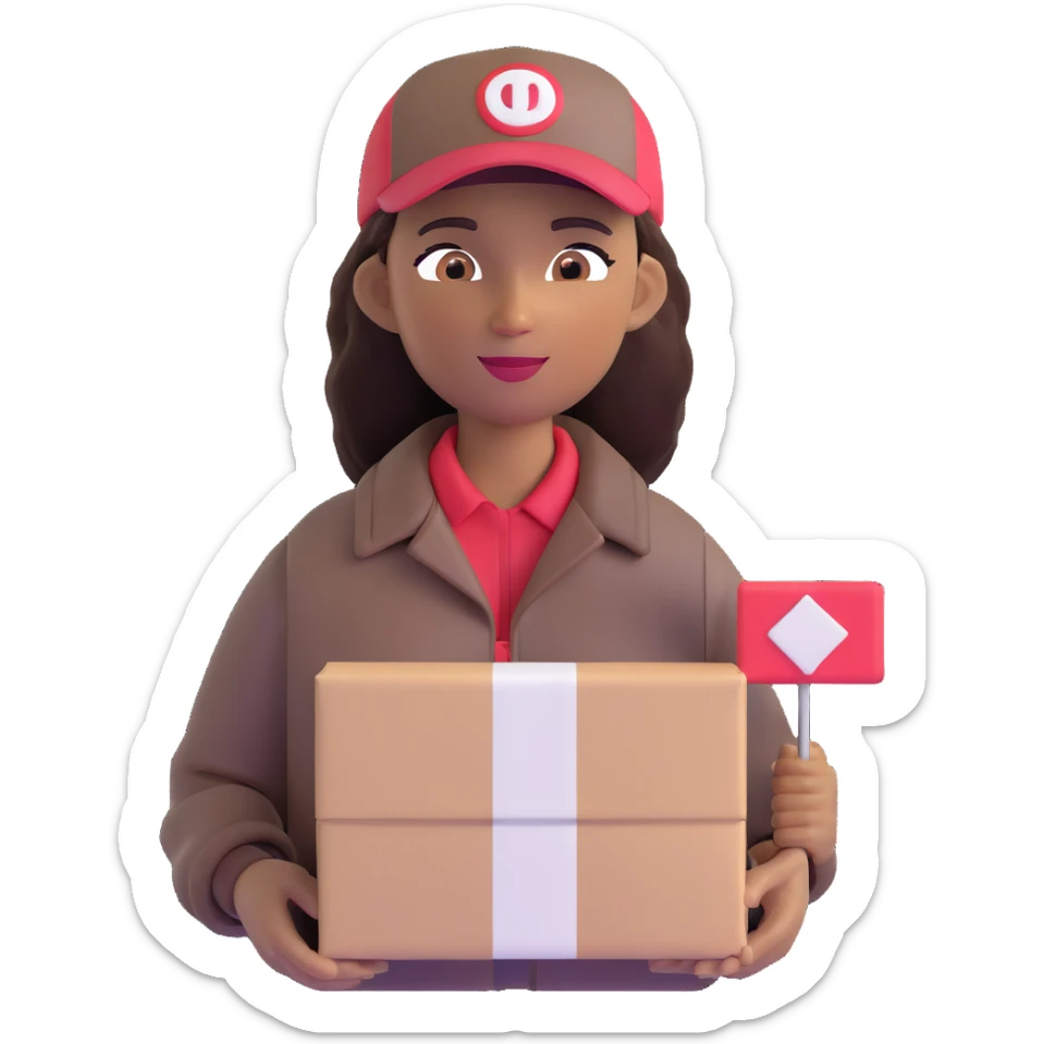 mujer de piel morena entregando un paquete, con gorra y chaqueta de mensajería sticker