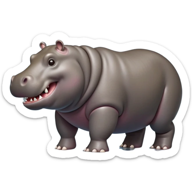 cinematic-hippo-realistic-full-body side view-standing on all fours-emoji,-massive-round-frame,-wide-mouthed-grin-exposing-huge-teeth,-head-tilted-dramatically,-thick-greyish-brown-hide-glossy-from-water,-simplified-yet-realistic-focused-features,-highly-detailed,-glowing-with-an-almost-sarcastic-glow sticker