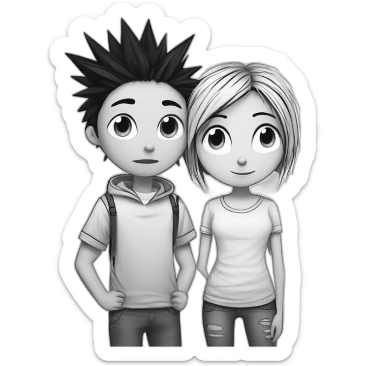 a dog and a girl with black spiky hair looking at each other in style of ((sarah andersen)), black and white,sarah andersen,cartoon,drawn,sketch sticker