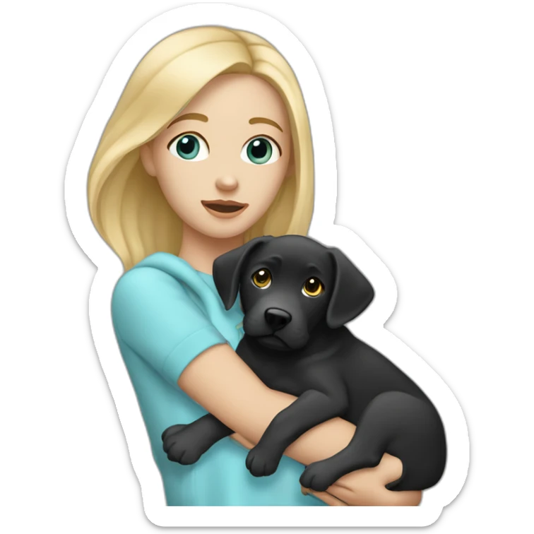 A blonde girl  with blues eyes, with smooth hair and a ray,she has light skin a few freckles, and she wear a hoodies and she Carries in his arms a black baby labrador dog  sticker