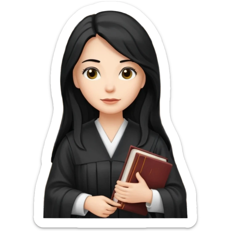 white-women-with-long-black -hair-lawyer-in-lawyer’s-robe. Have law book in hand with bookshelf full of law books in the background sticker